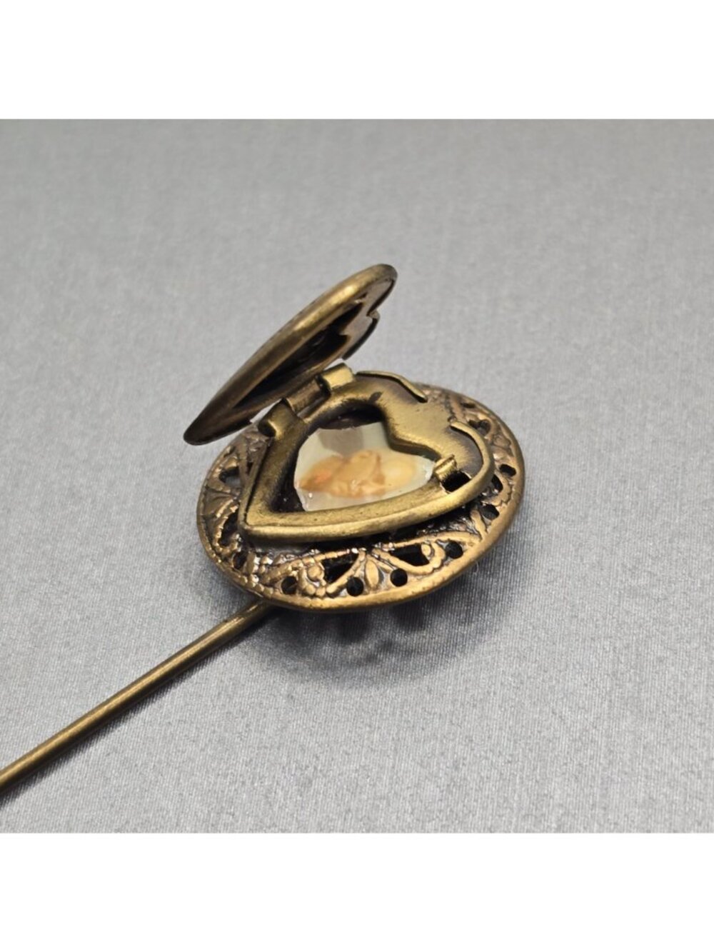 Vintage Victorian Revival Brass Heart Locket Stick Pin Enamel Floral Statement - Picture 5 of 12